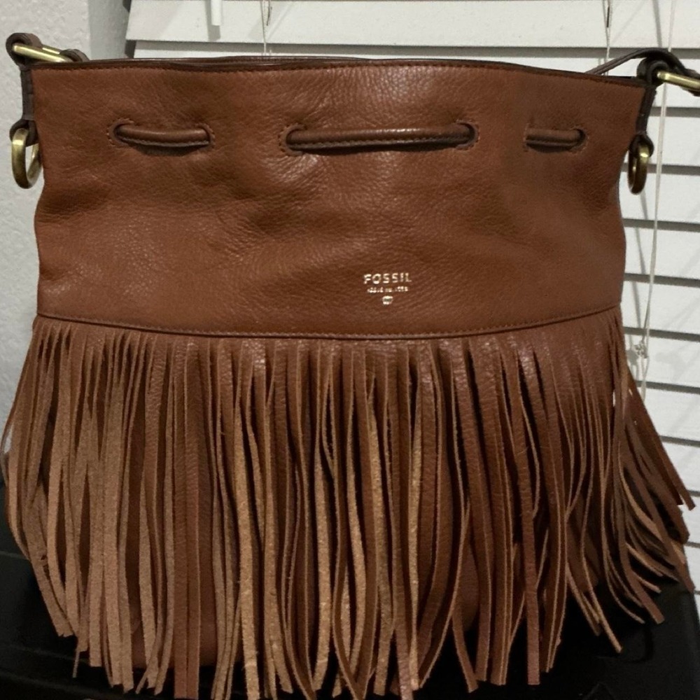 Vintage Fossil Bucket Bag Women Medium Brown Excellent Leather Fringe Drawstring